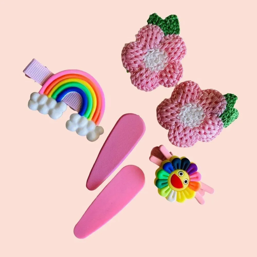 Set of 6 Knit Flower Hair Clip, Pink Snap Clips for Girls & Toddler Barrettes